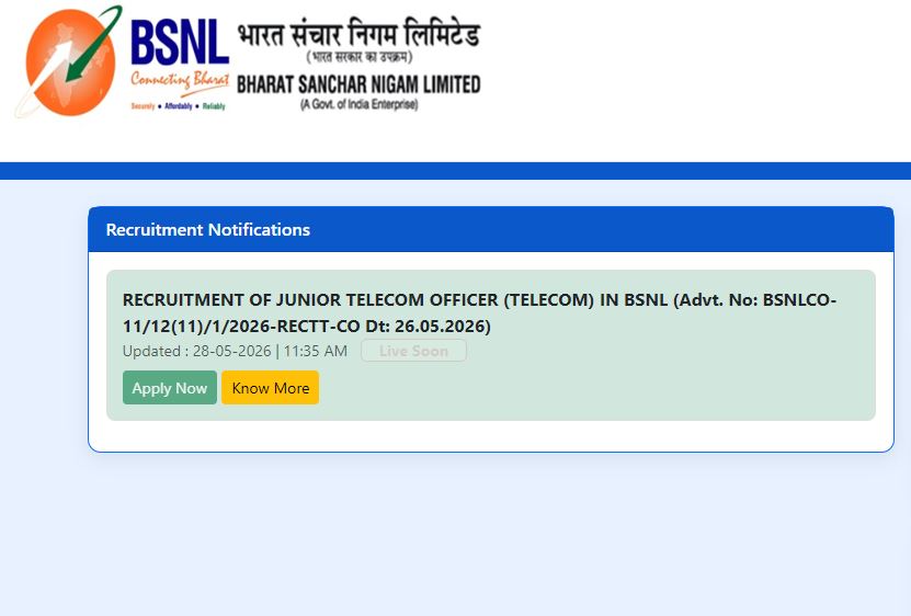 BSNL Junior Telecom Officer Recruitment 2026 