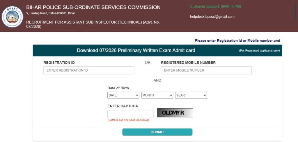 Bihar ASI Technical Admit Card 2026
